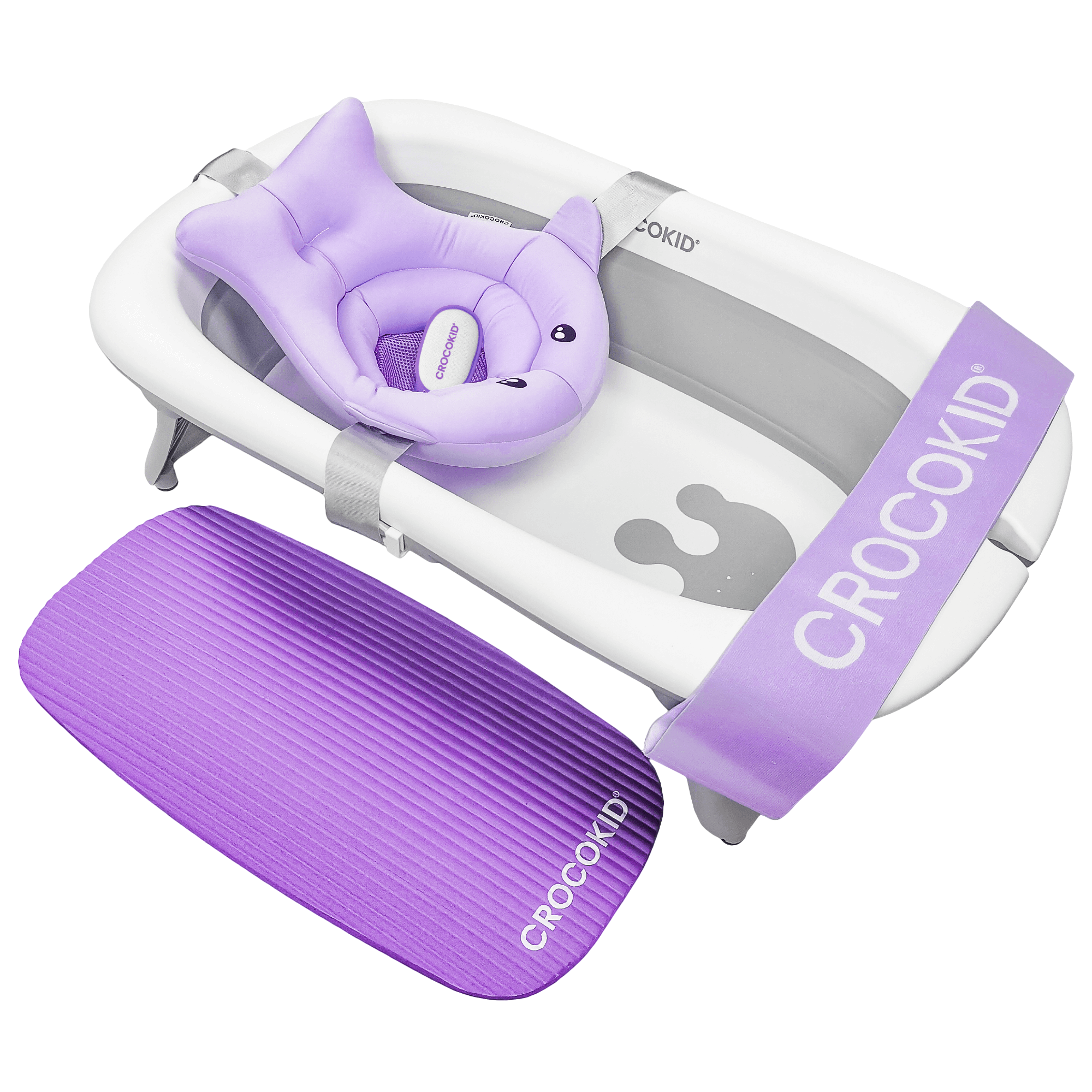 Kit baignoire bébé pliable CROCOKID® avec coussin de bain, tapis antidérapant et sangle de transport
#couleur_violet