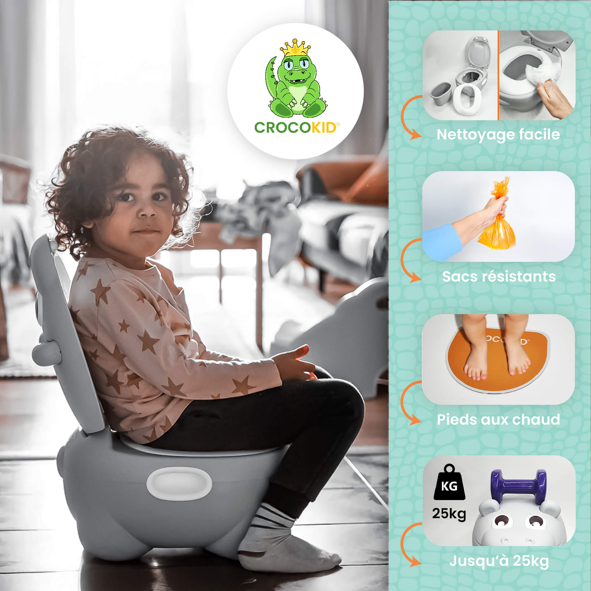 Enfant utilisant le pot bébé CROKOKID® Hippo – apprentissage de la propreté dès 18 mois - Orange
#couleur_orange