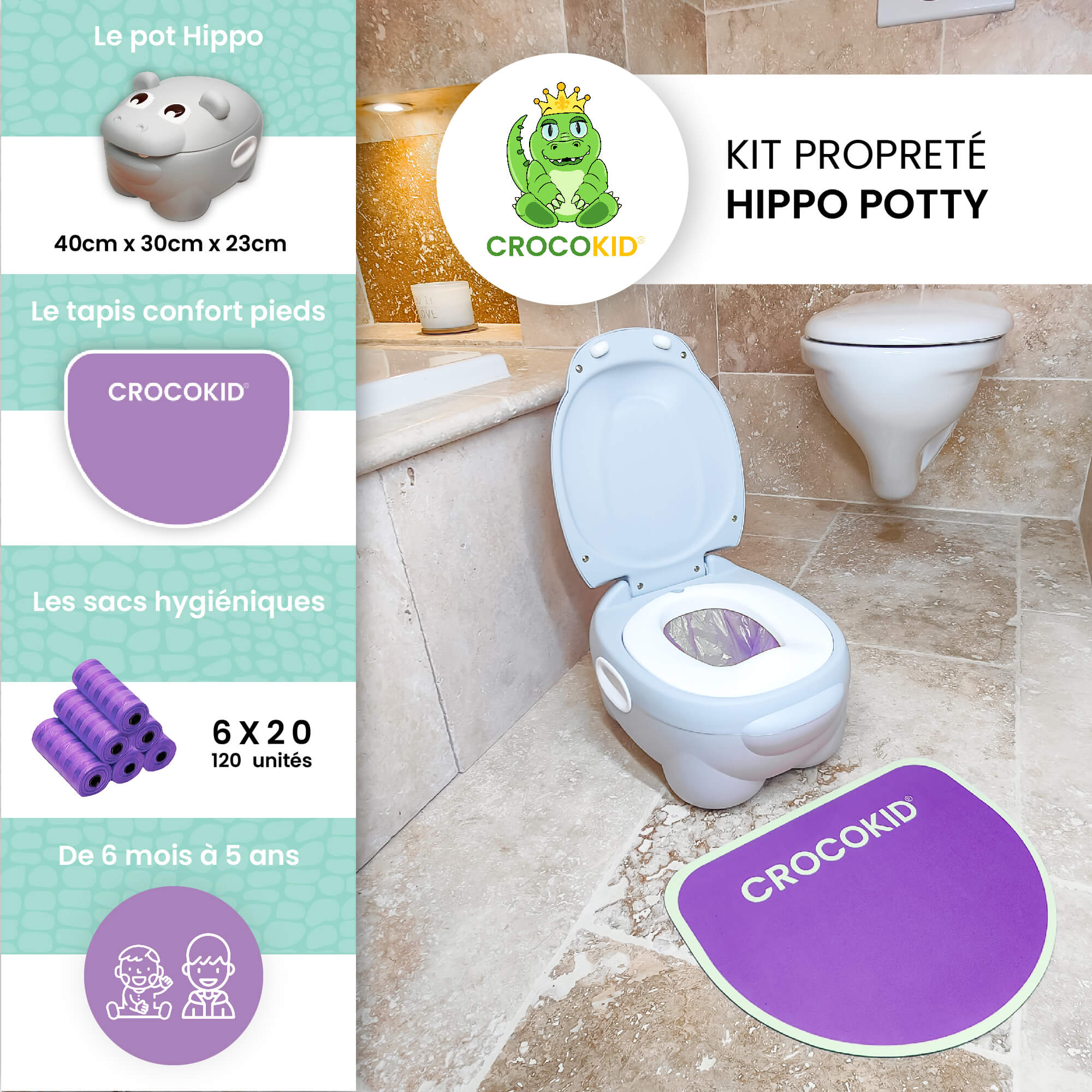 Kit propreté bébé CROKOKID® Hippo Potty avec pot enfant, tapis antidérapant et sacs hygiéniques - Violet.
#couleur_violet