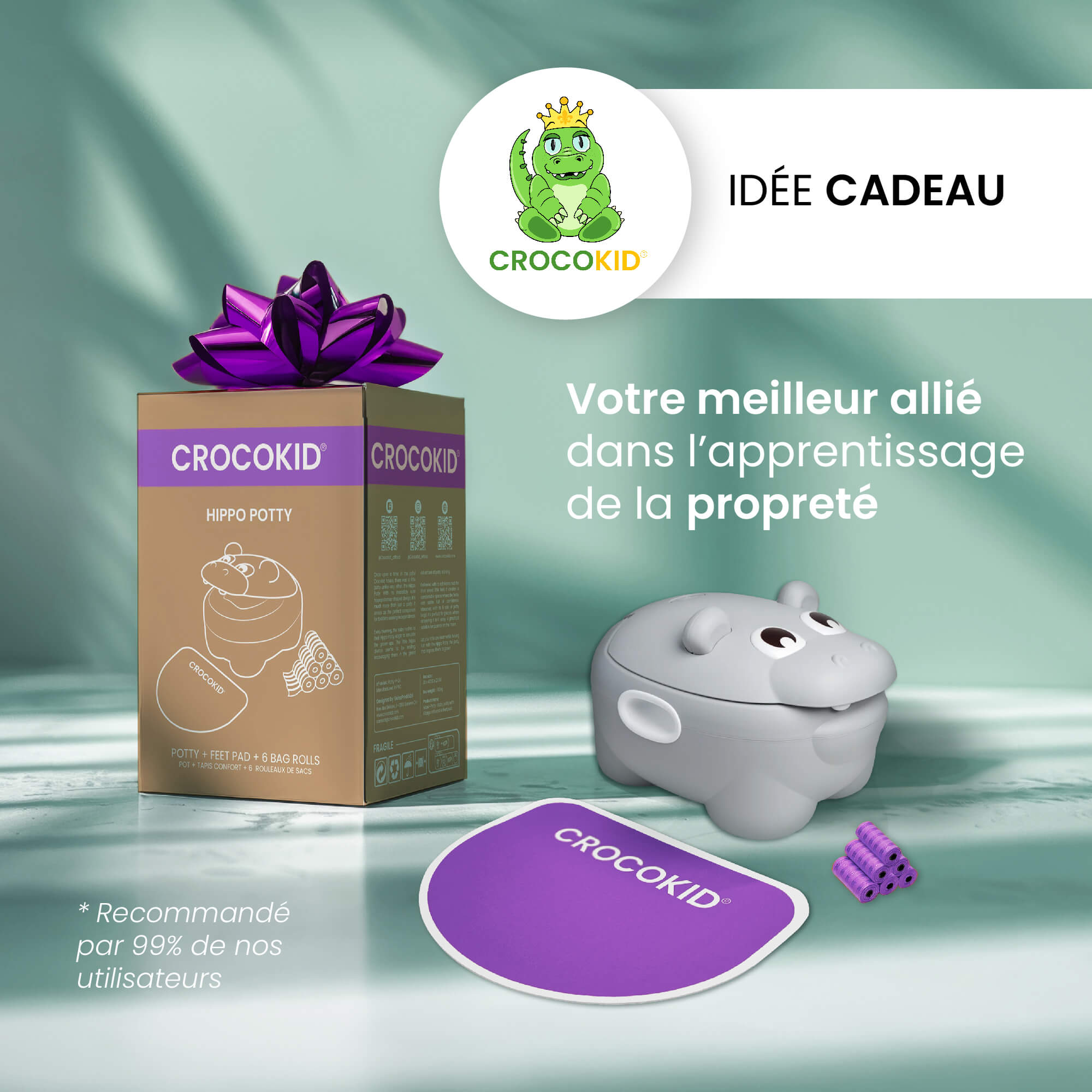 Pot bébé CROKOKID® Hippo en coffret cadeau avec tapis antidérapant et sacs hygiéniques - Violet
#couleur_violet