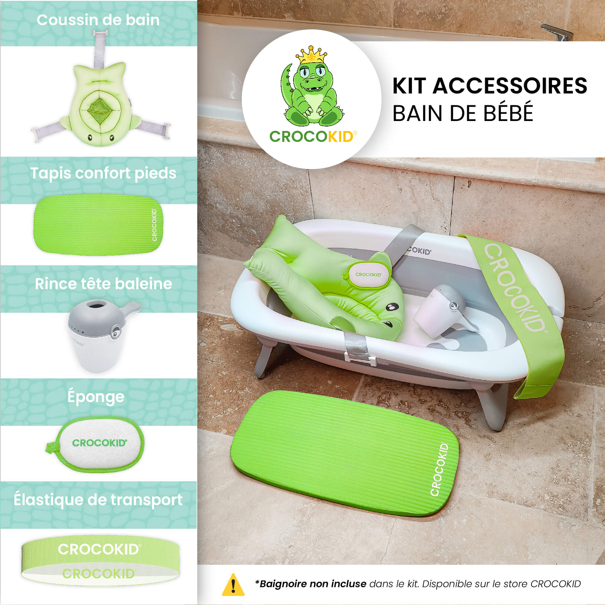 Kit accessoires bain bébé CROKOKID® installé dans une baignoire pliable – accessoires confort et sécurité pour le bain de bébé
#couleur_vert