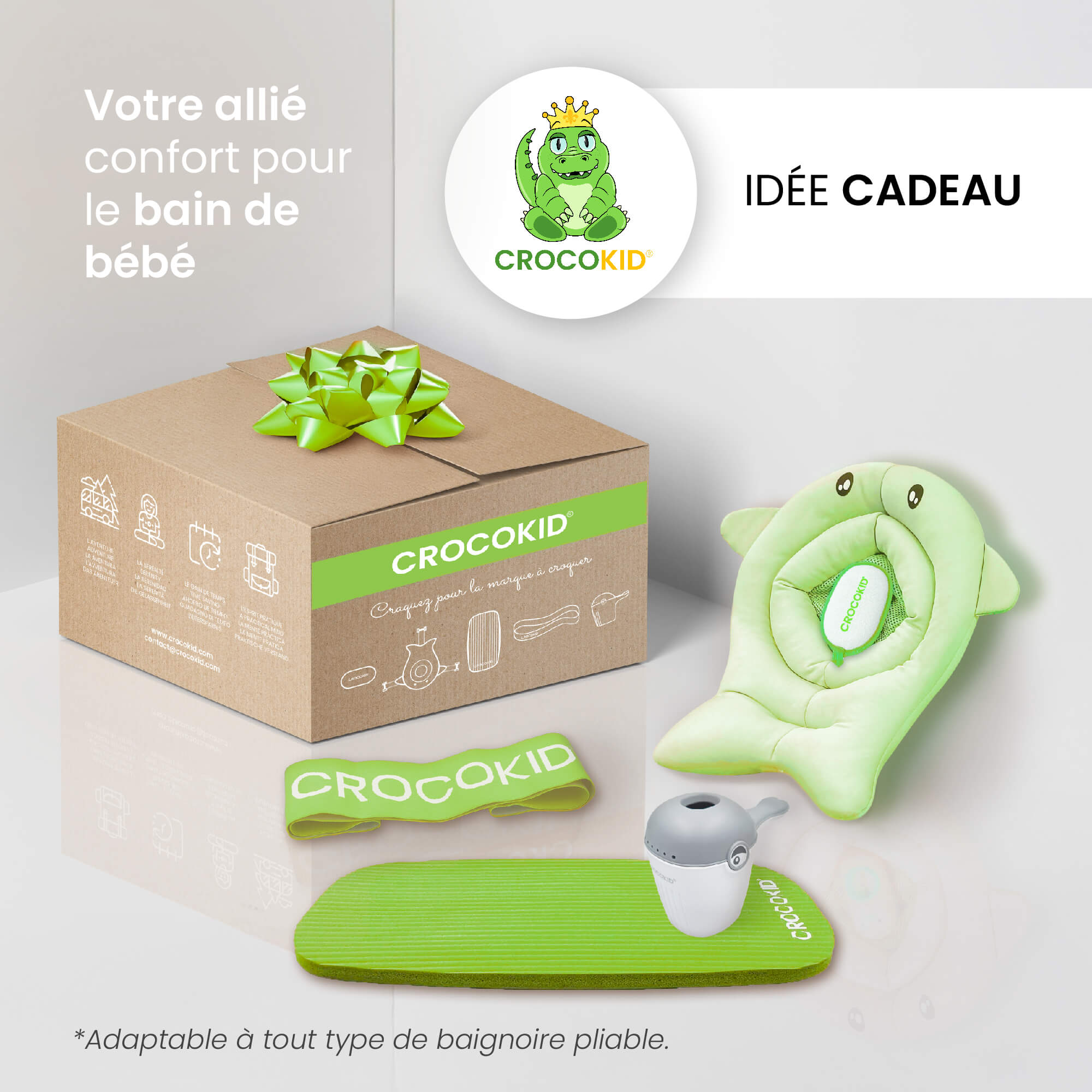 Kit accessoires bain bébé CROKOKID® présenté comme idée cadeau – coussin, tapis, rince-tête et accessoires confort
#couleur_vert