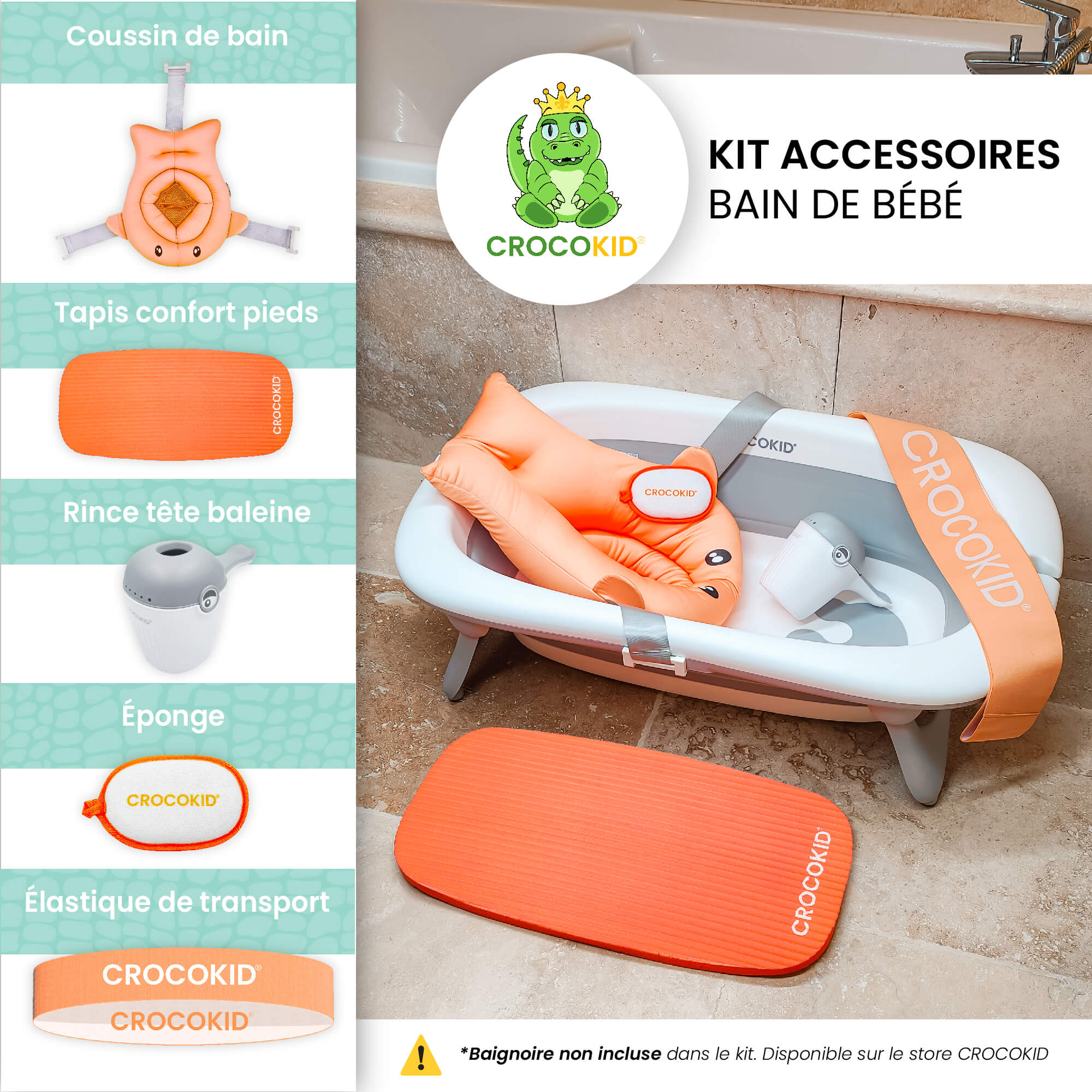 Kit accessoires bain bébé CROKOKID® installé dans une baignoire pliable – accessoires confort et sécurité pour le bain de bébé
#couleur_orange