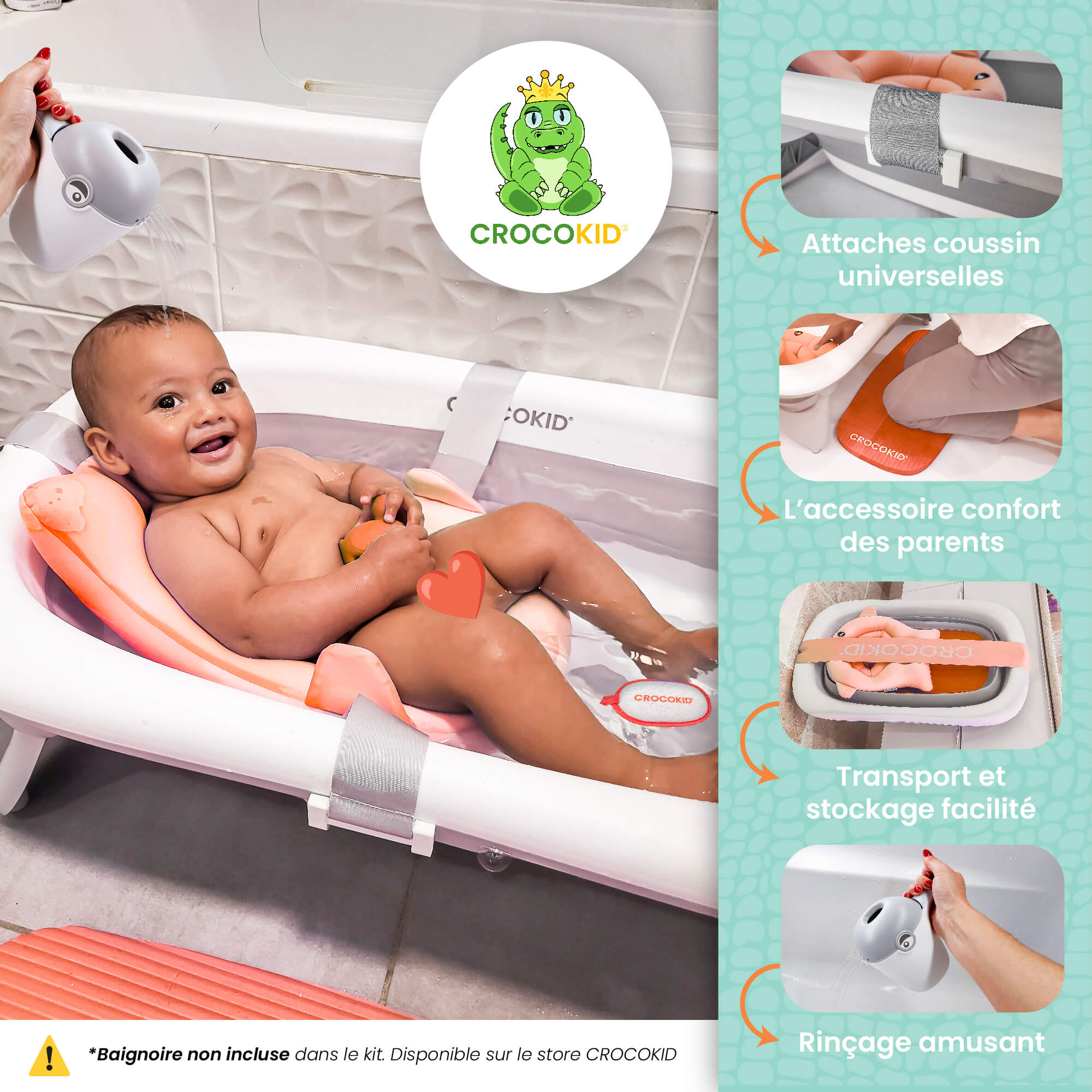 Coussin de bain bébé CROKOKID® avec bébé installé – maintien ergonomique, attaches universelles et rinçage ludique
#couleur_orange