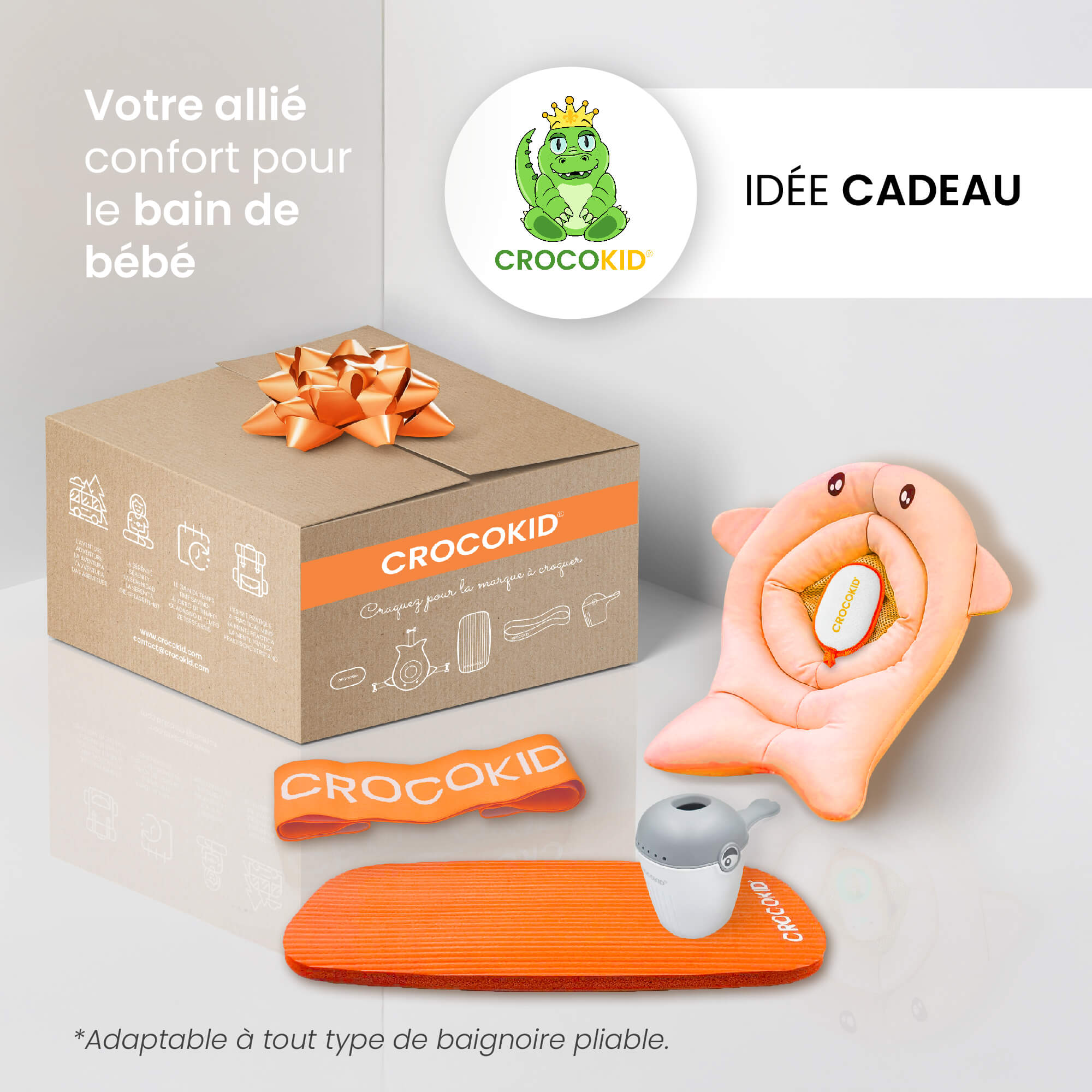 Kit accessoires bain bébé CROKOKID® présenté comme idée cadeau – coussin, tapis, rince-tête et accessoires confort
#couleur_orange