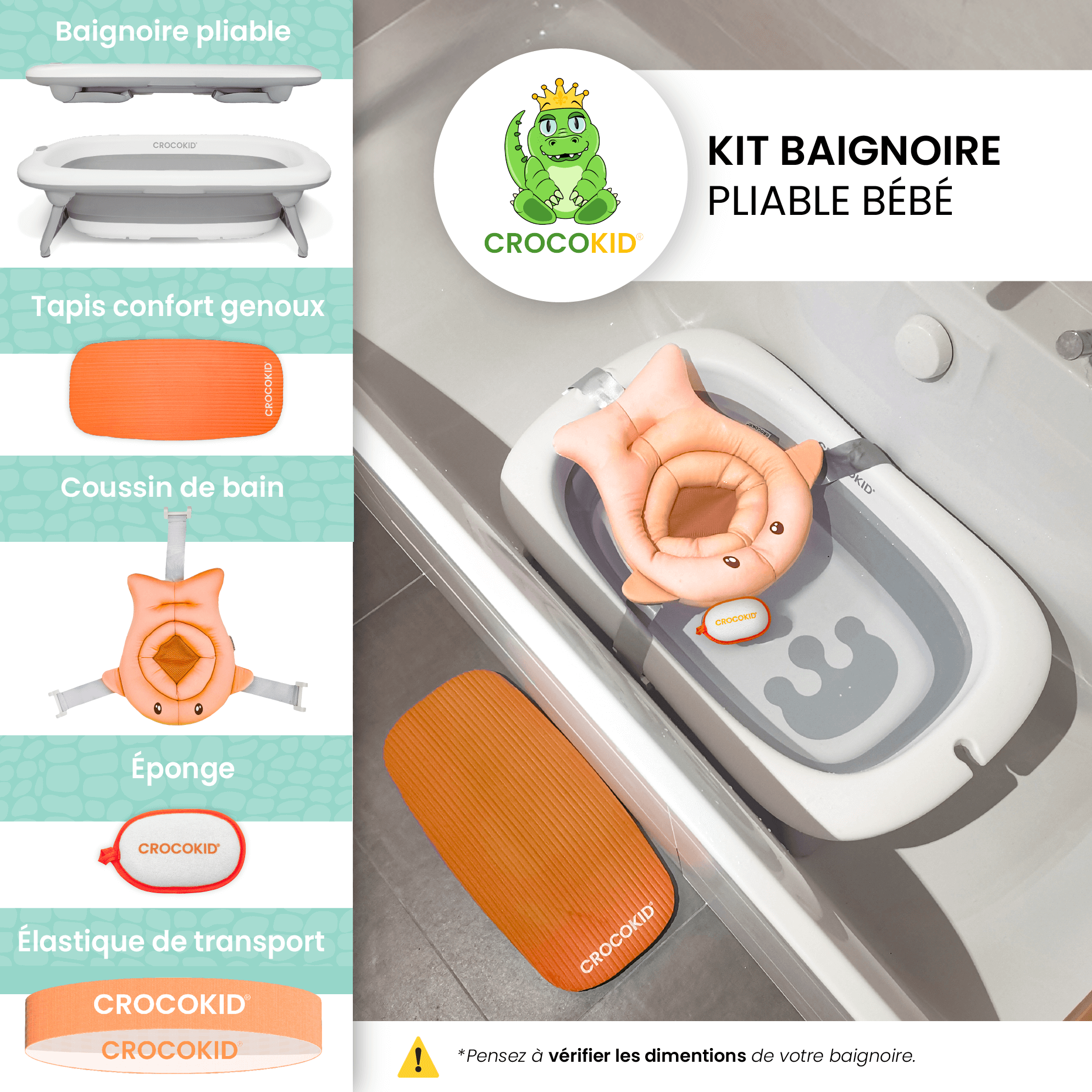 Kit baignoire bébé pliable CROCOKID® avec baignoire, tapis confort genoux, coussin de bain, éponge et élastique de transport
#couleur_orange