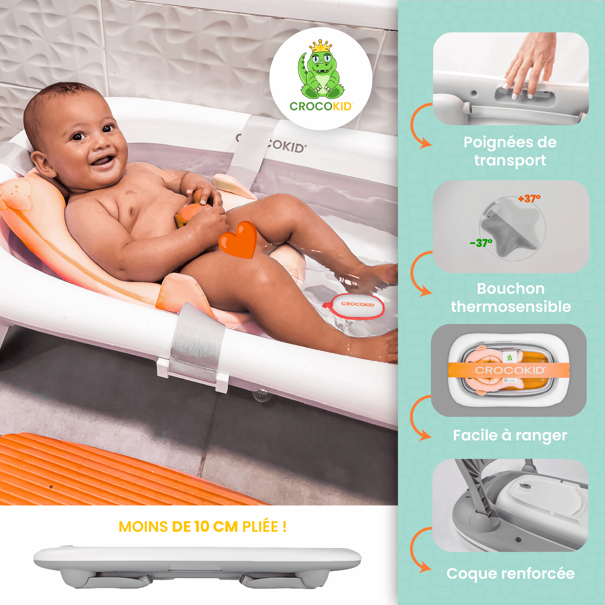 Fonctionnalités de la baignoire bébé pliable CROCOKID® : poignées de transport, bouchon thermosensible et coque renforcée
#couleur_orange