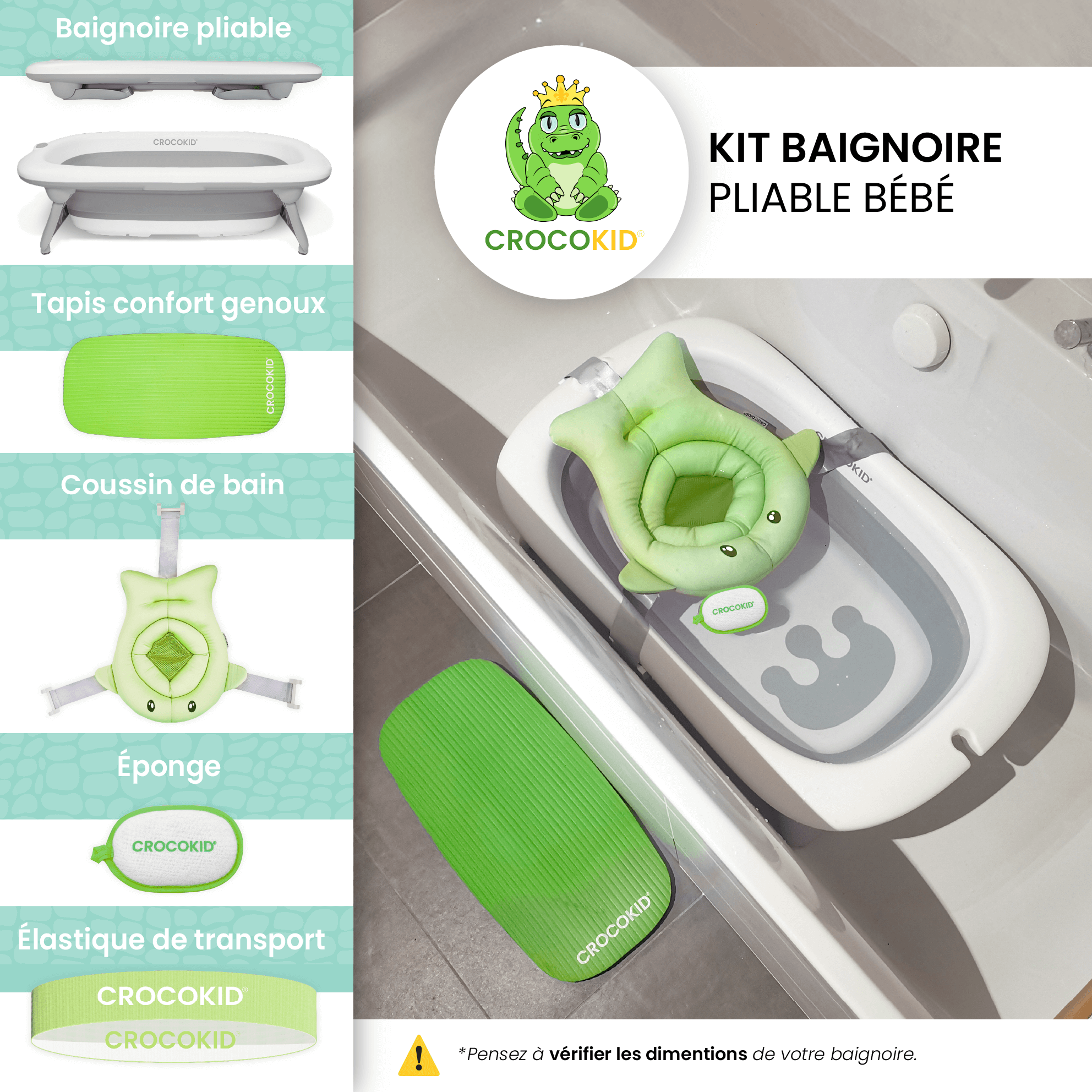 Kit baignoire bébé pliable CROCOKID® avec baignoire, tapis confort genoux, coussin de bain, éponge et élastique de transport
#couleur_vert
