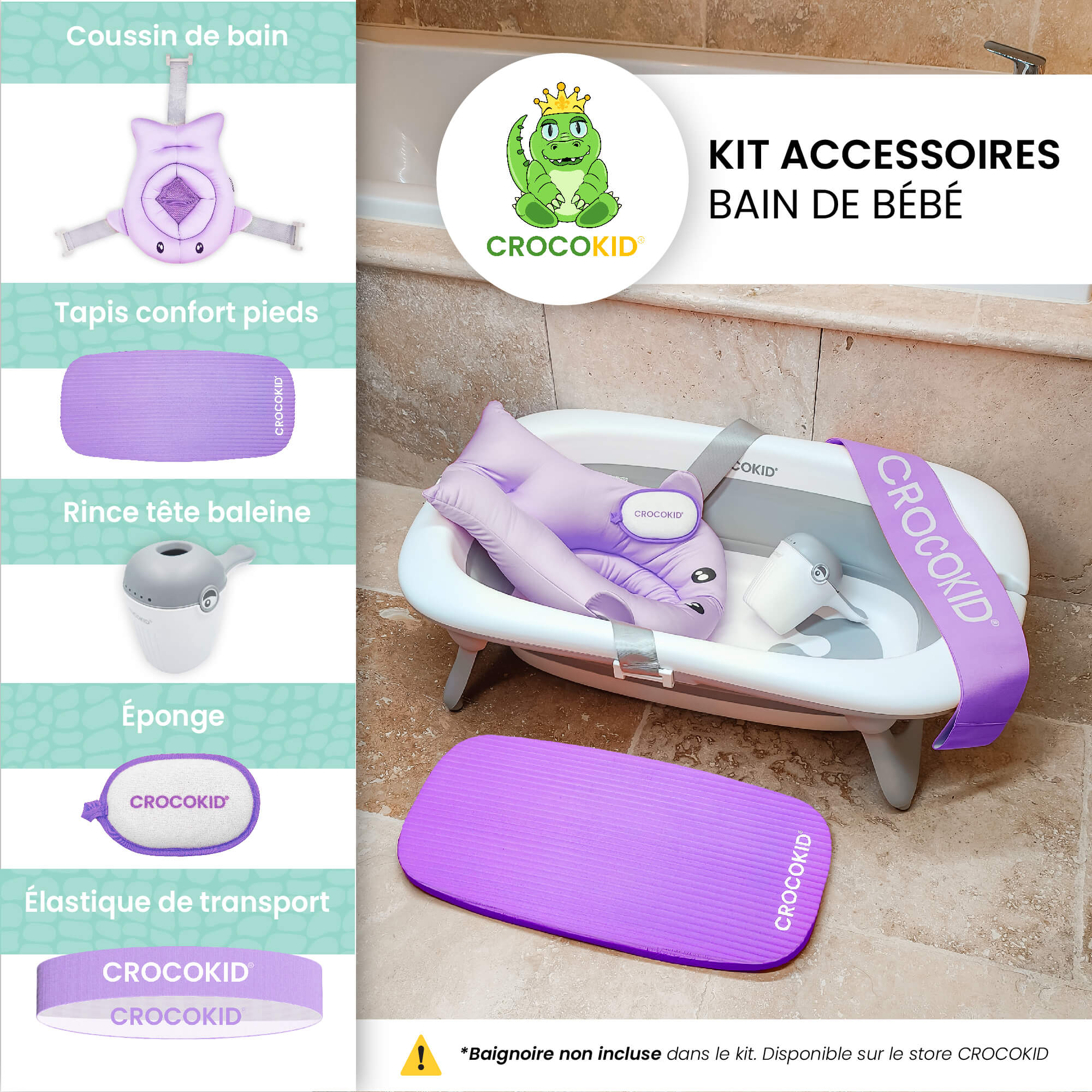 Kit accessoires bain bébé CROKOKID® installé dans une baignoire pliable – accessoires confort et sécurité pour le bain de bébé
#couleur_violet