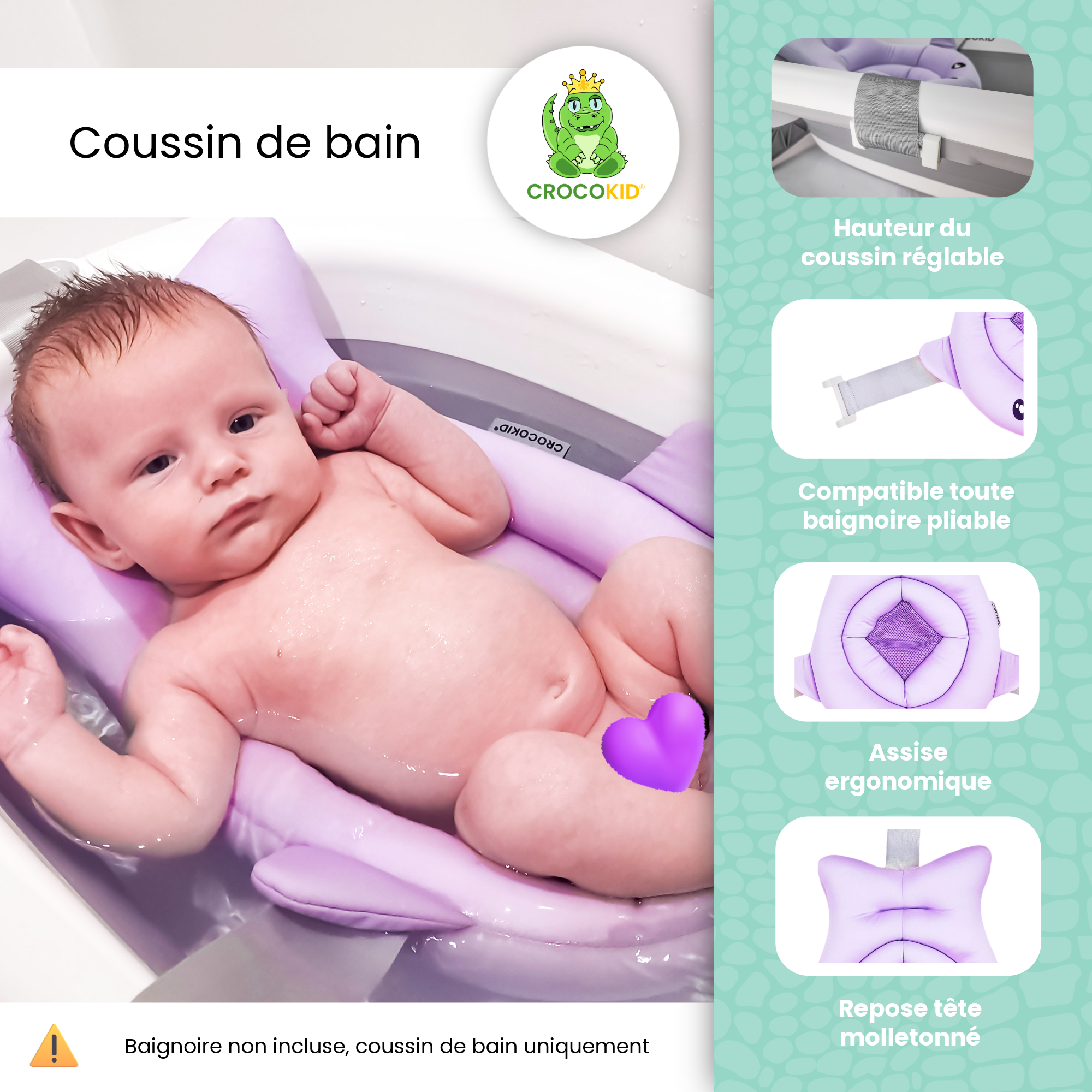 Coussin de bain bébé CROCOKID® installé dans une baignoire pliable, bébé confortablement allongé et maintenu