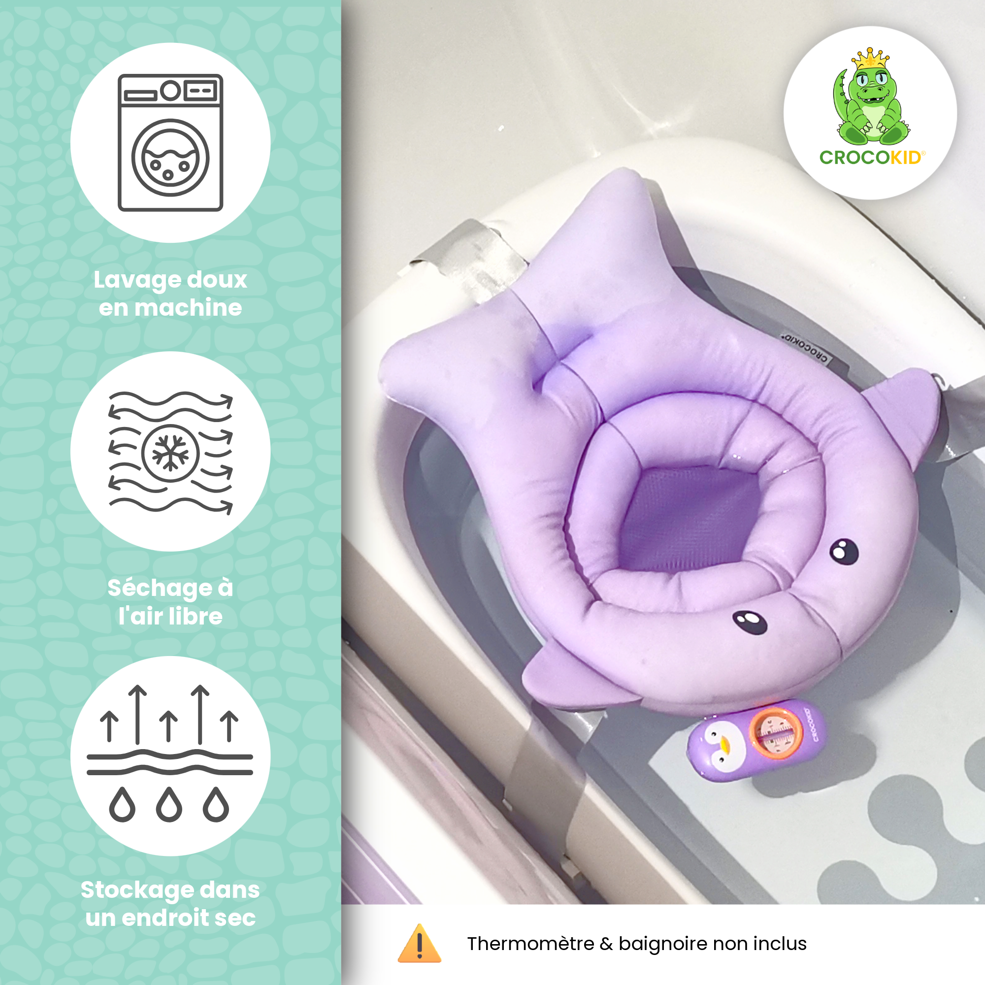 Coussin de bain bébé CROCOKID® séchage rapide et lavable en machine, vue dans baignoire après utilisation