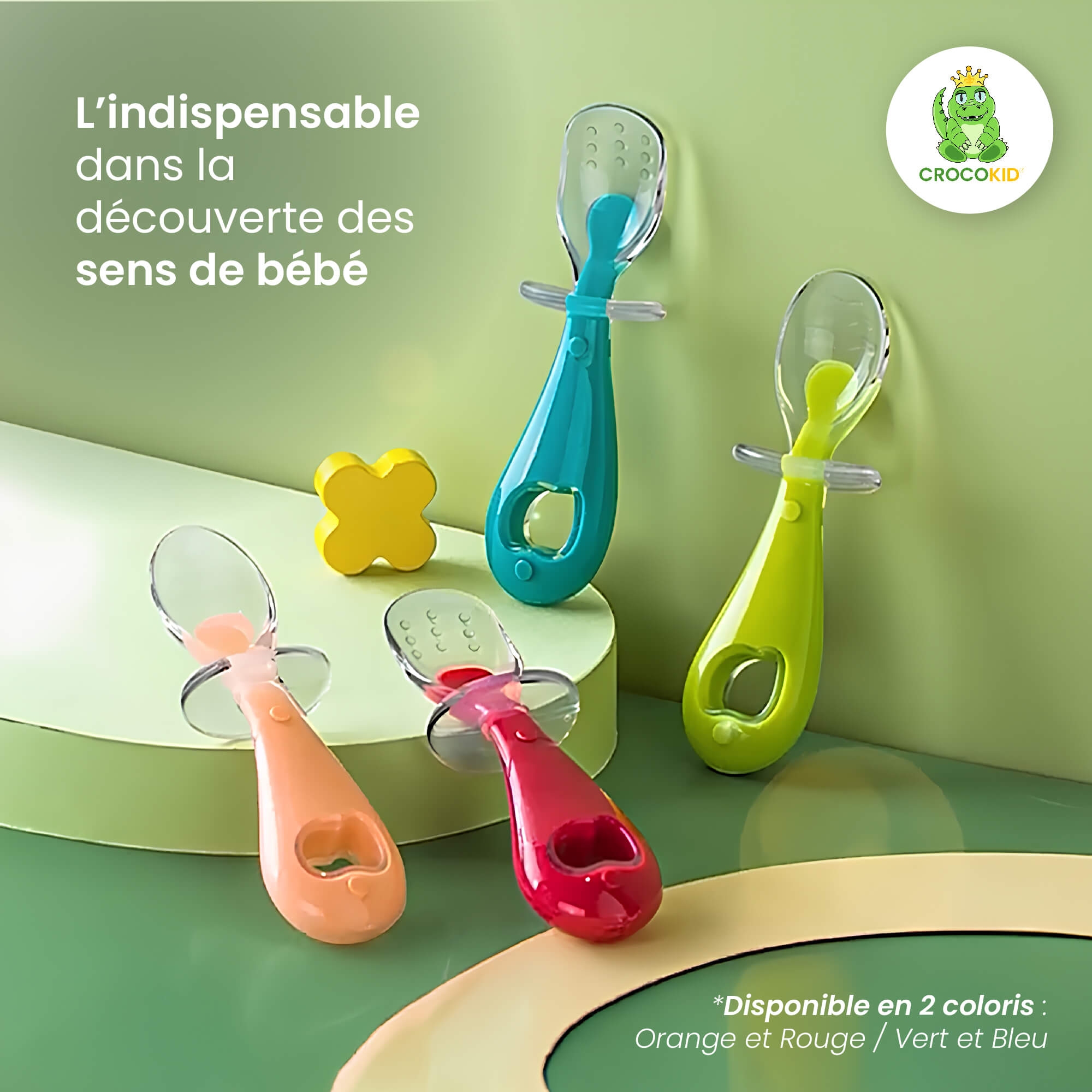CROCOKID® – Lot de 2 Cuillères Sensorielles 1er Âge | Silicone Souple & Sécurisé