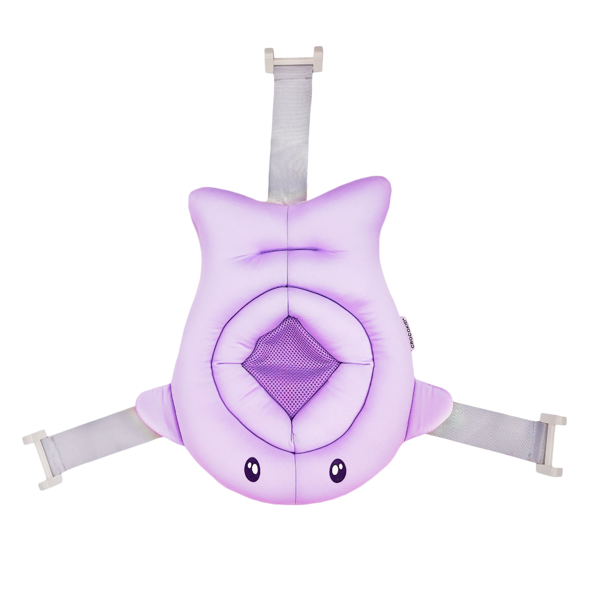 Coussin de bain bébé ergonomique CROCOKID® avec repose-tête et assise molletonnée, vue à plat