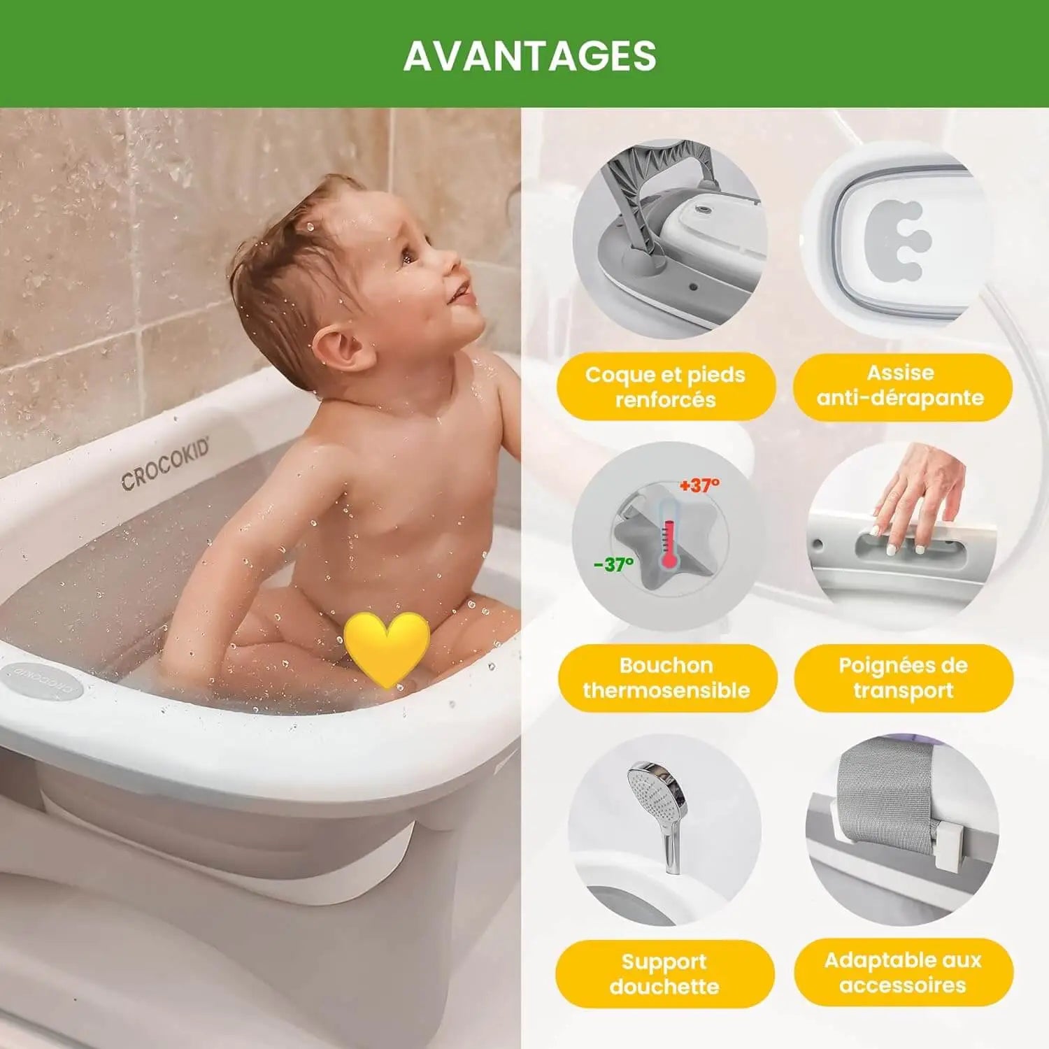 CROCOKID® - Baignoire Pliable Bébé - Crocokid