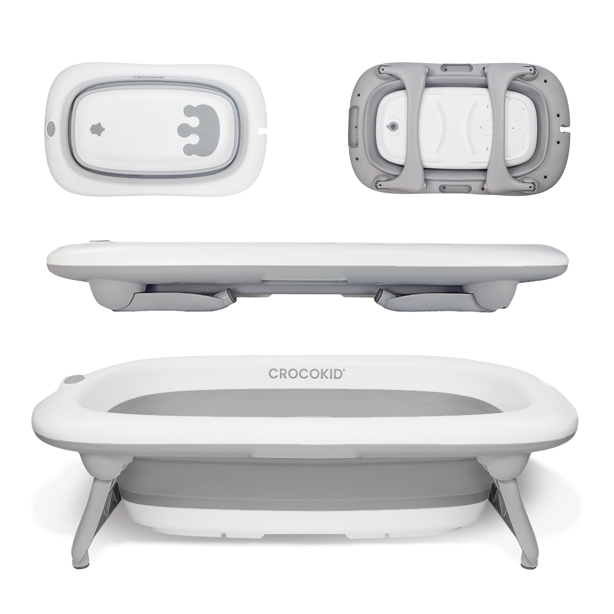 Baignoire bébé pliable CROKOKID® – vue détaillée dessus, dessous et profil – baignoire évolutive compacte 0-4 ans