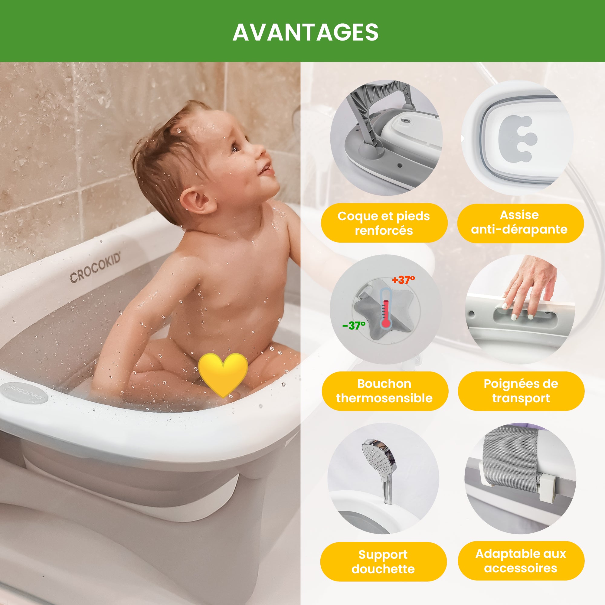 Baignoire bébé pliable CROKOKID® utilisée avec un nourrisson – assise antidérapante, pieds renforcés et bouchon thermosensible