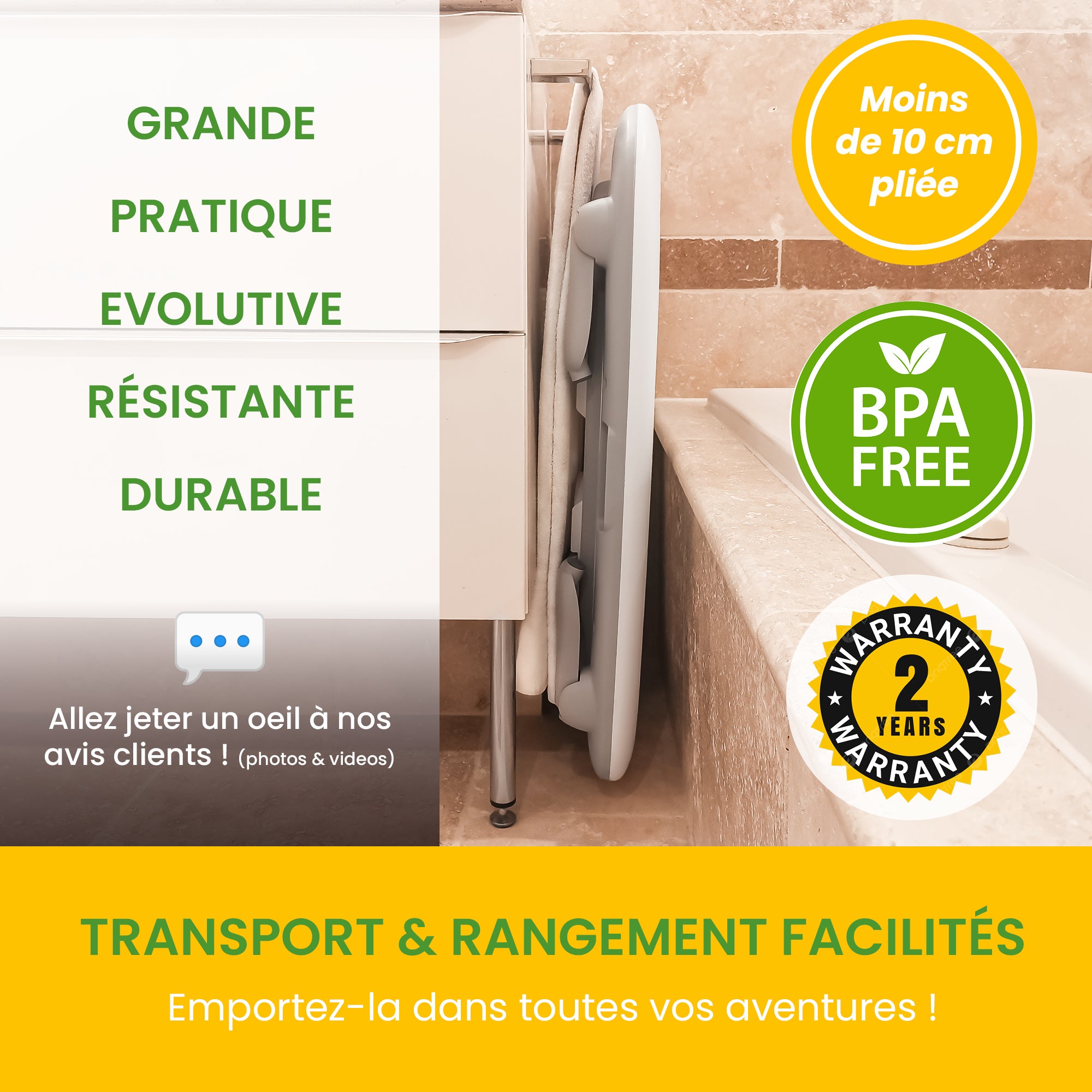 Baignoire bébé pliable CROKOKID® rangée verticalement – gain de place, transport facile, épaisseur inférieure à 10 cm une fois pliée