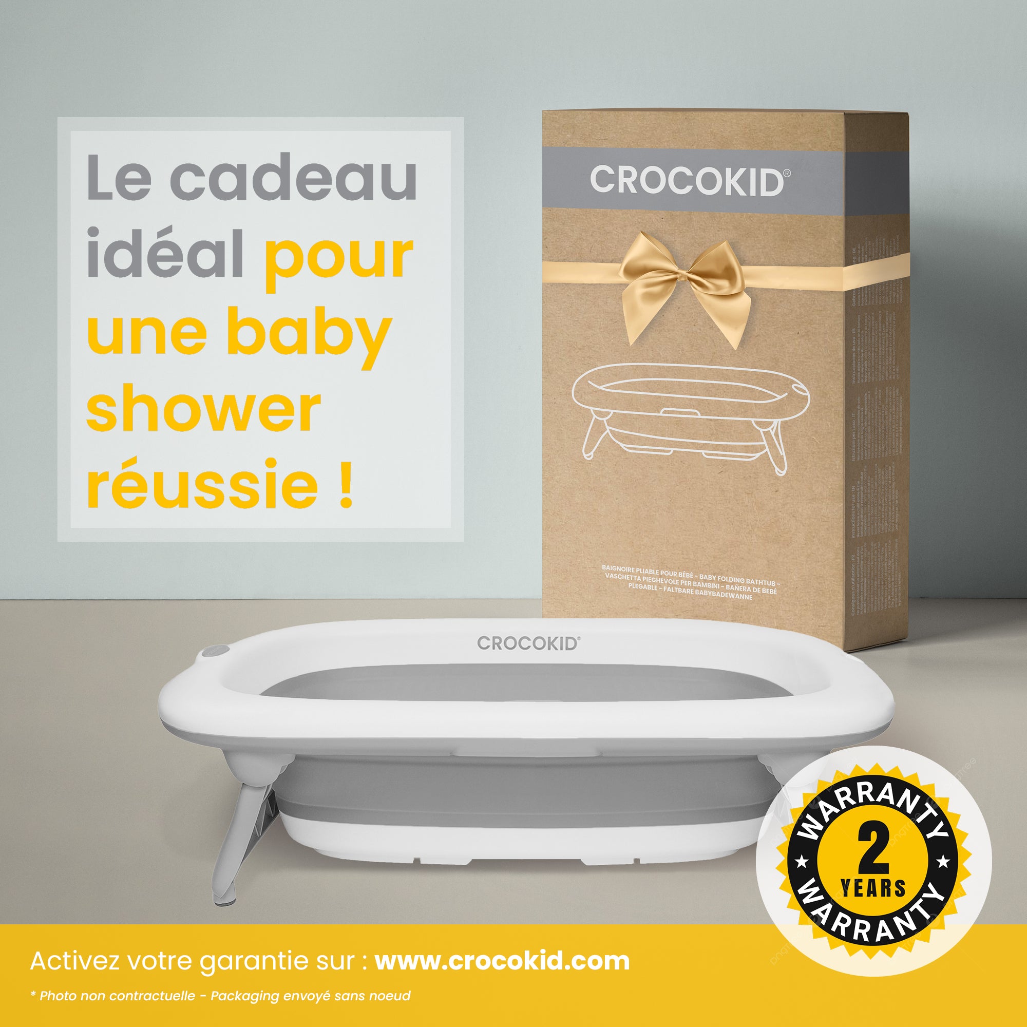 Baignoire bébé pliable CROKOKID® présentée comme idée cadeau pour baby shower – produit garanti 2 ans